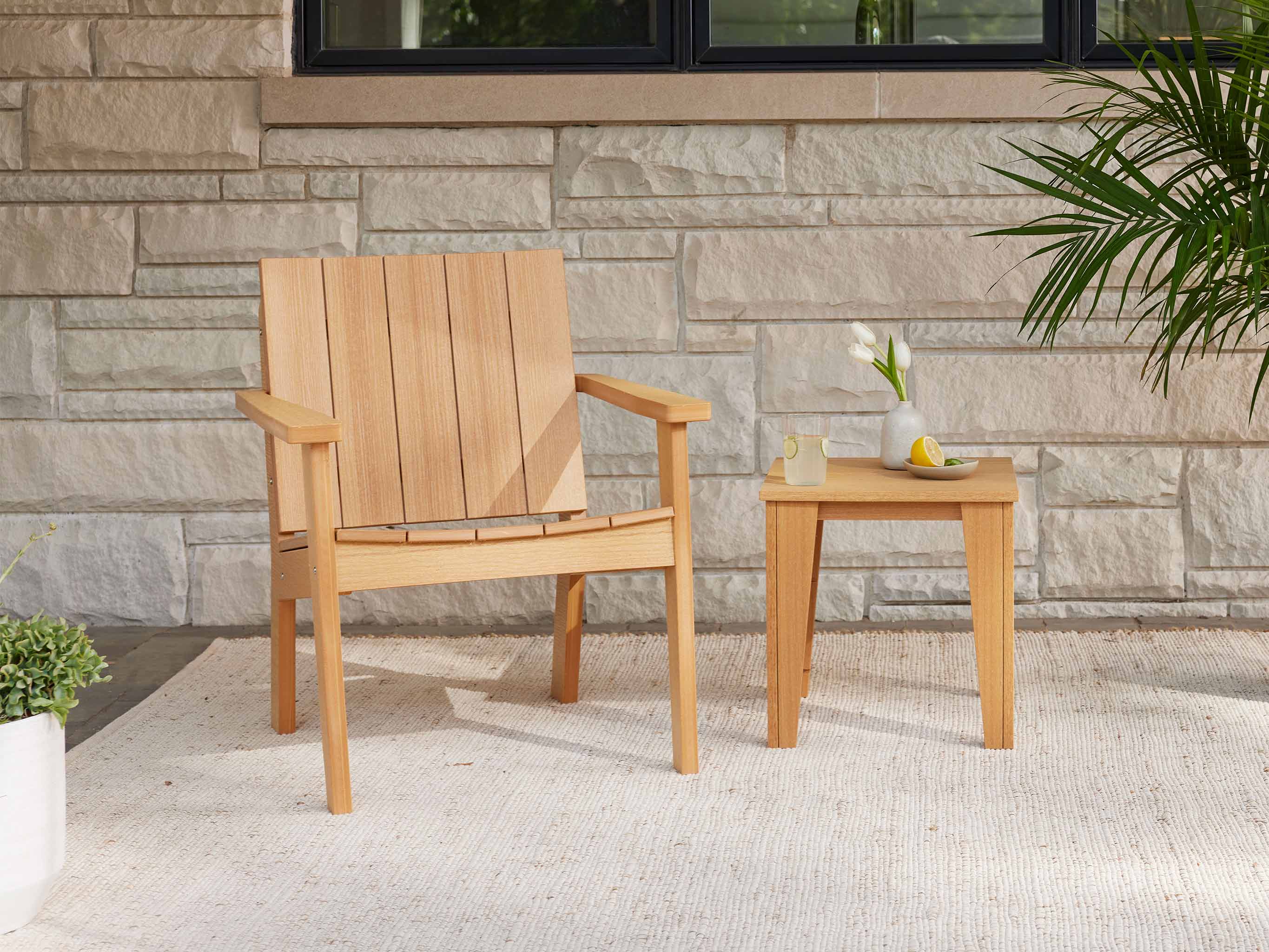 Ashland Chat Chair and Modern Side Table in Natural Teak Patio