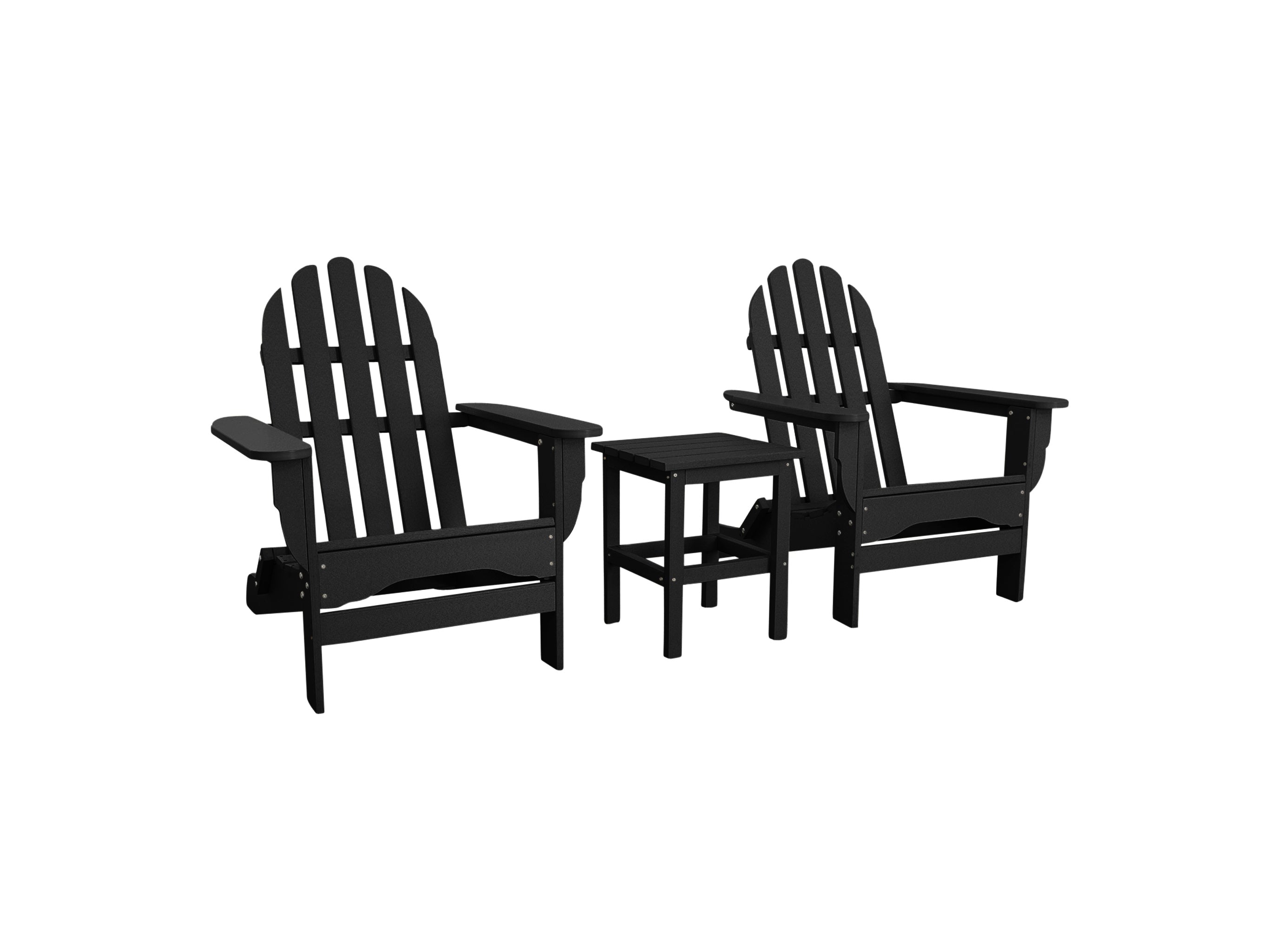Black Classic Adirondack Two Chairs with Classic Side Table on Blank Background