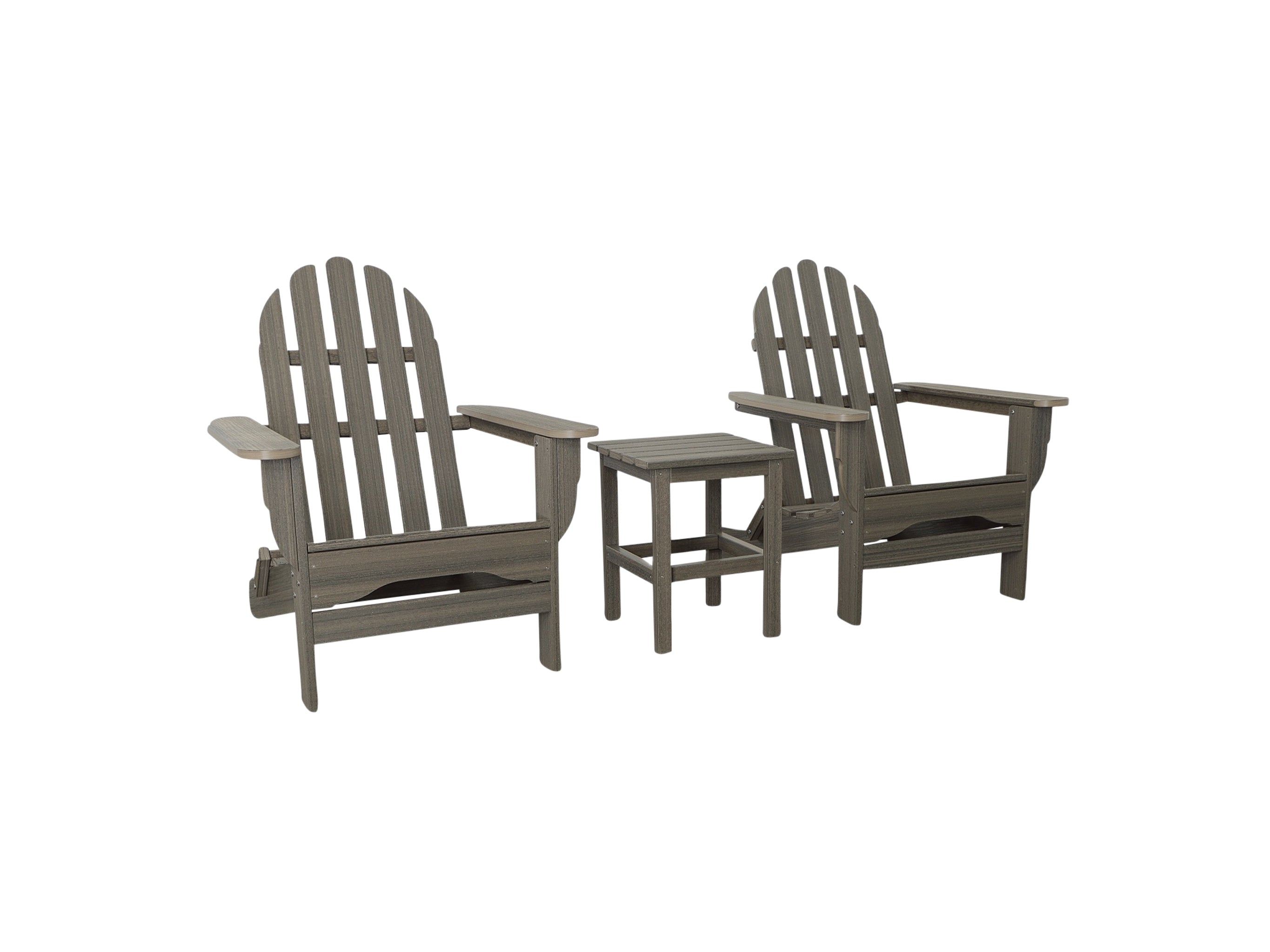 Coastal Gray Classic Adirondack Two Chairs with Classic Side Table on Blank Background
