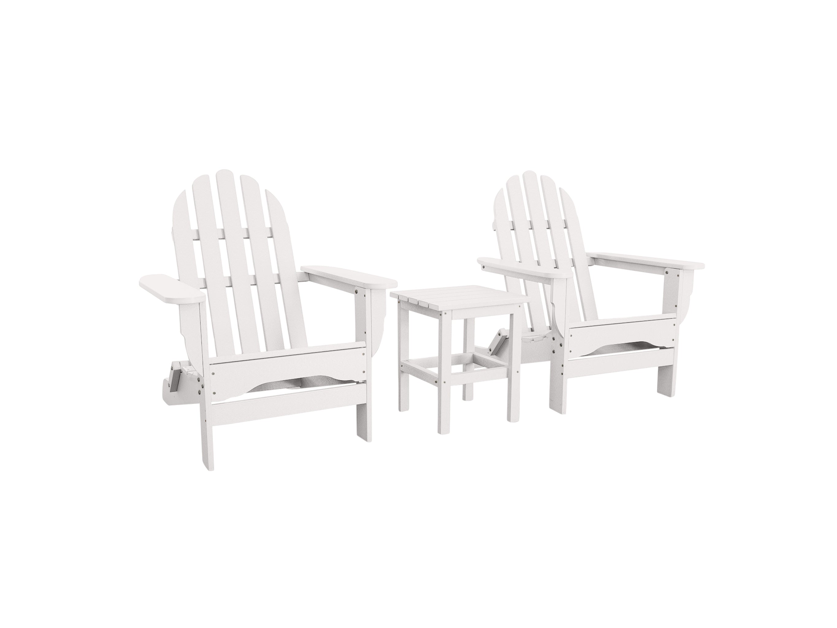 White Classic Adirondack Two Chairs with Classic Side Table on Blank Background