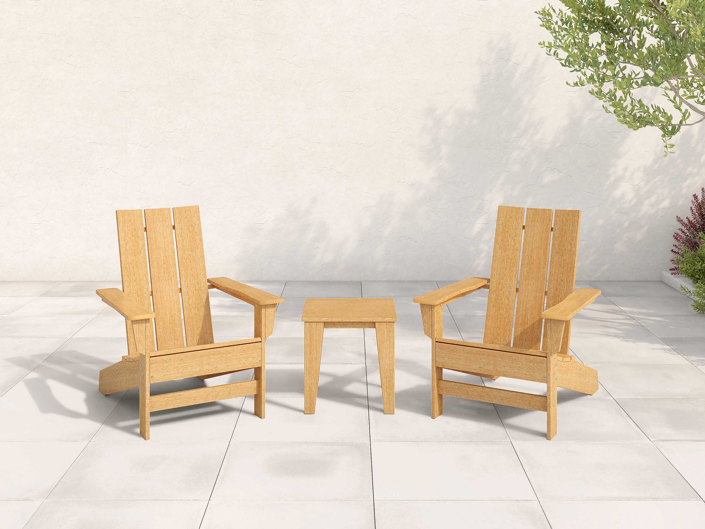 Natural Teak Classic Adirondack Chair Set of Two with Side Table on Stones