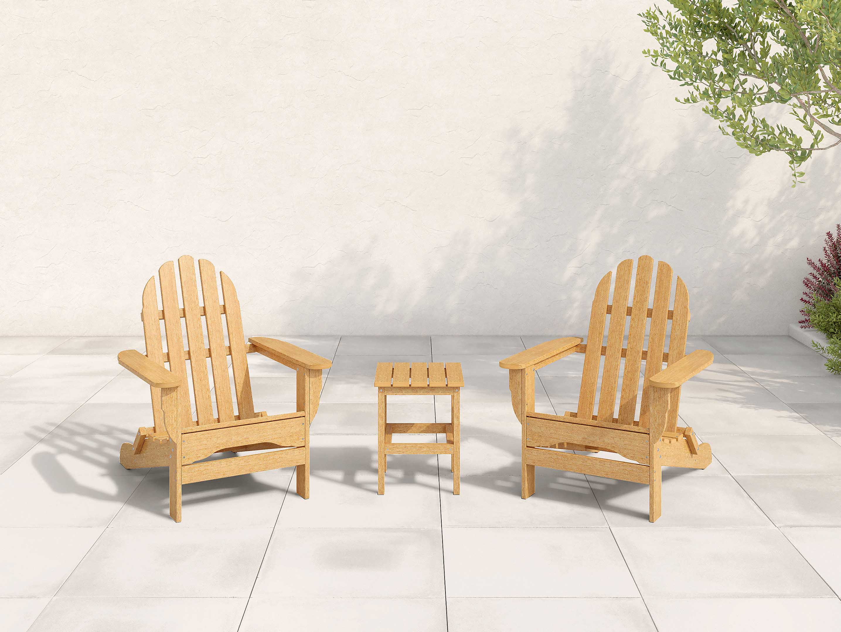 Two Classic Adirondack Chairs and side table in natural teak on patio