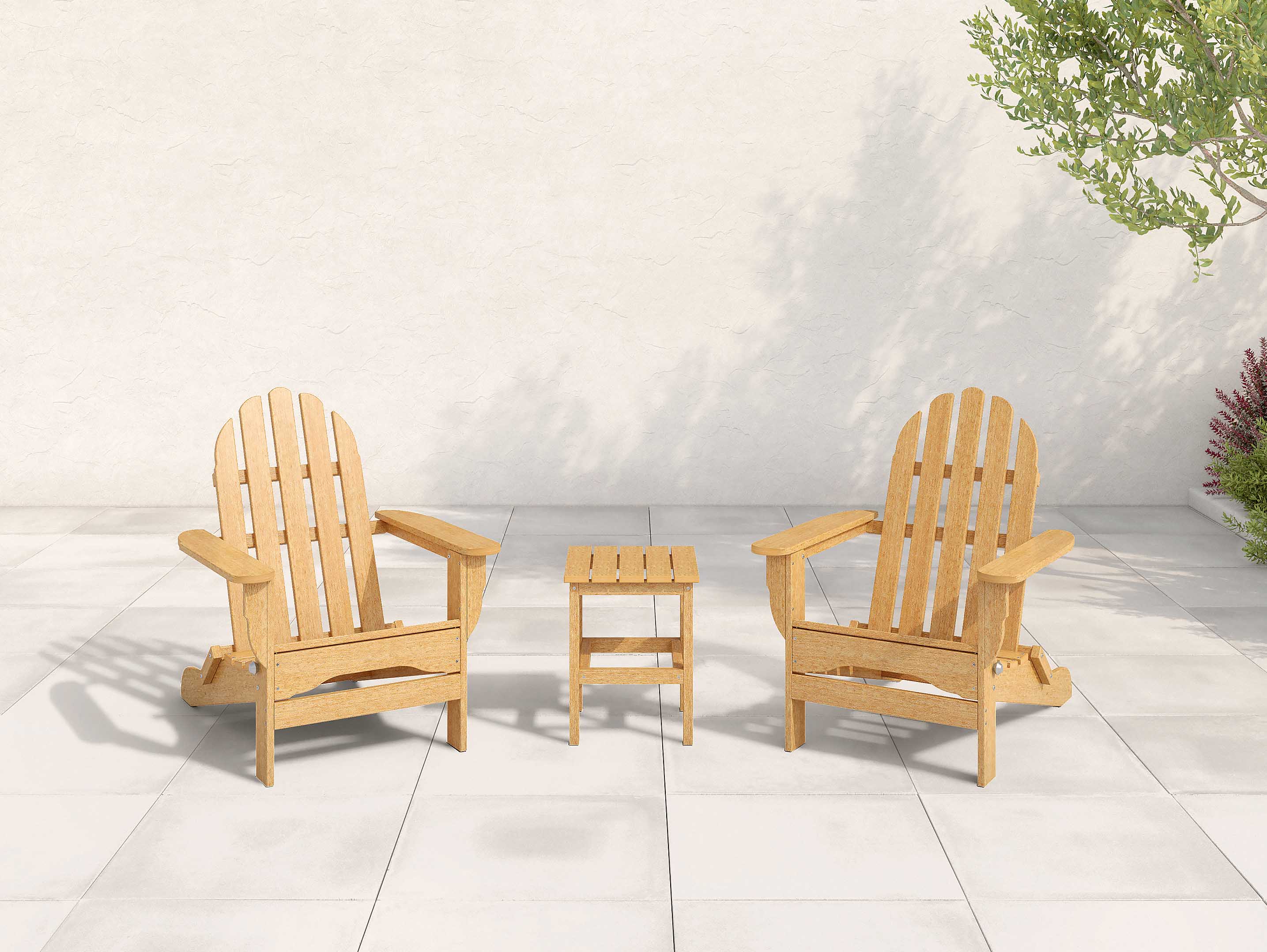 Natural Teak Two Chairs and Side Table Folding Adirondack Chair Patio Set