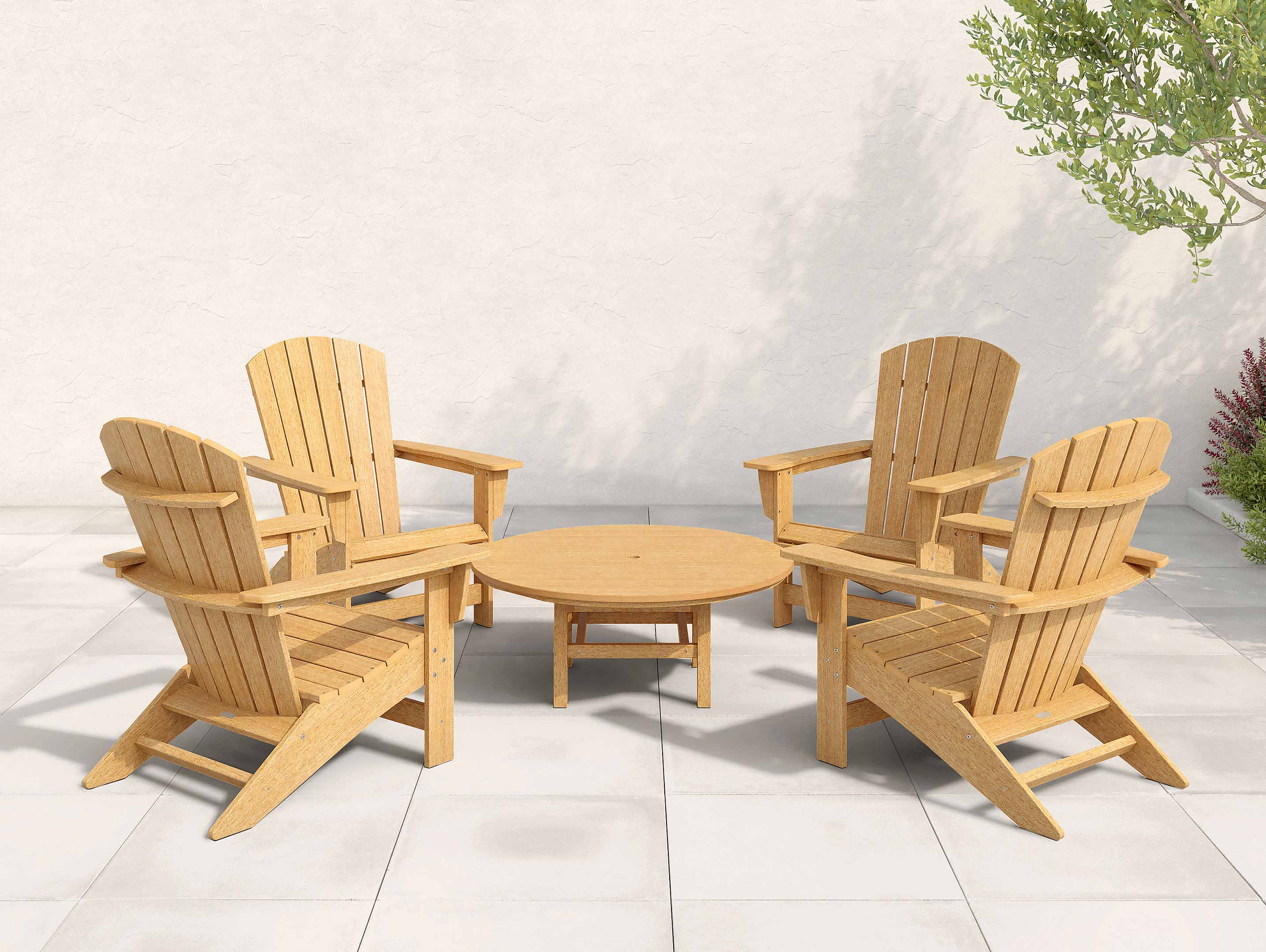 Featured Image - Natural Teak Johnson Bay Adirondack Set Four Chairs and Madison Table