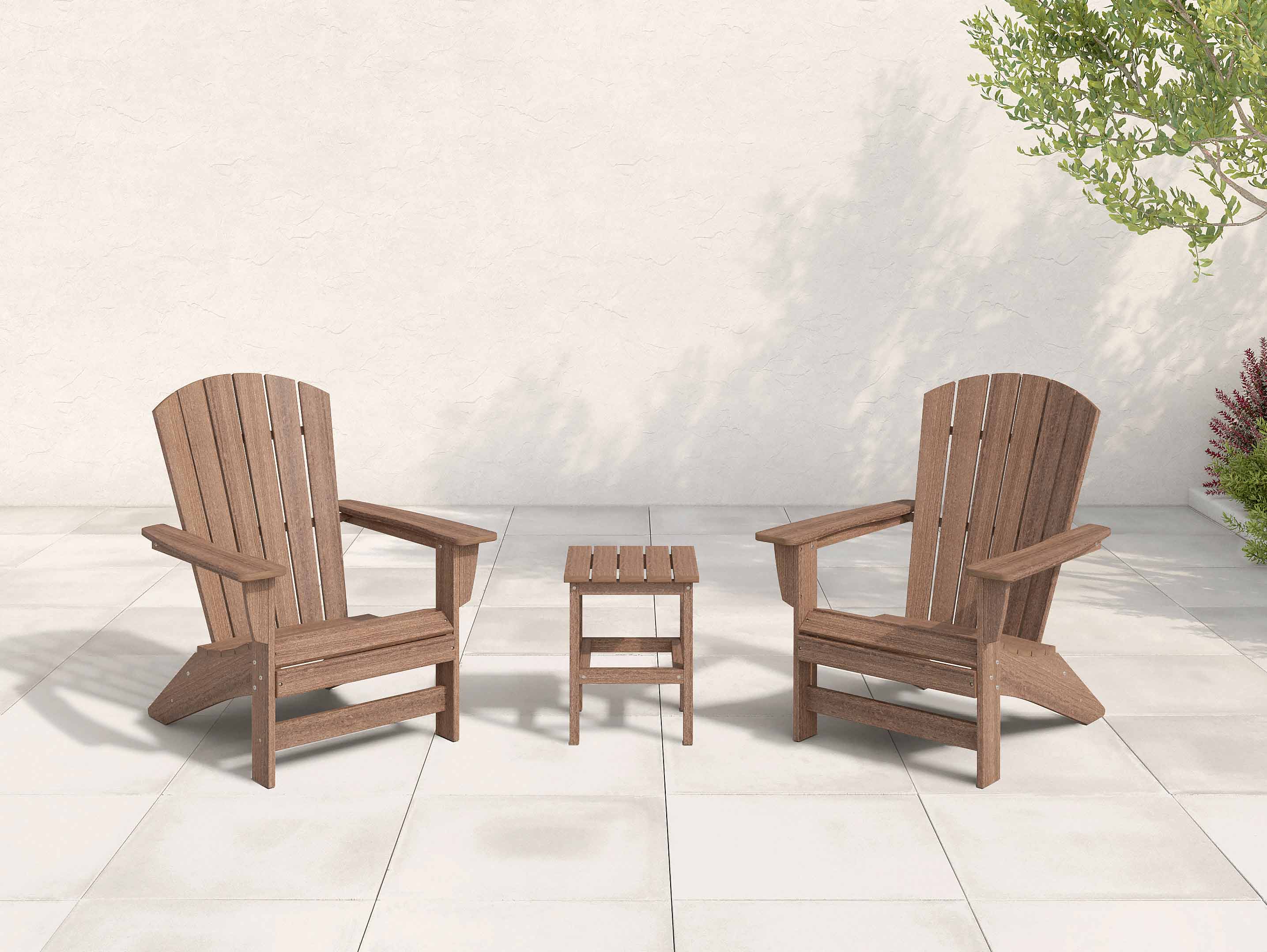 Set of two Johnson Bay Adirondack Chairs with side table in Antique Mahogany