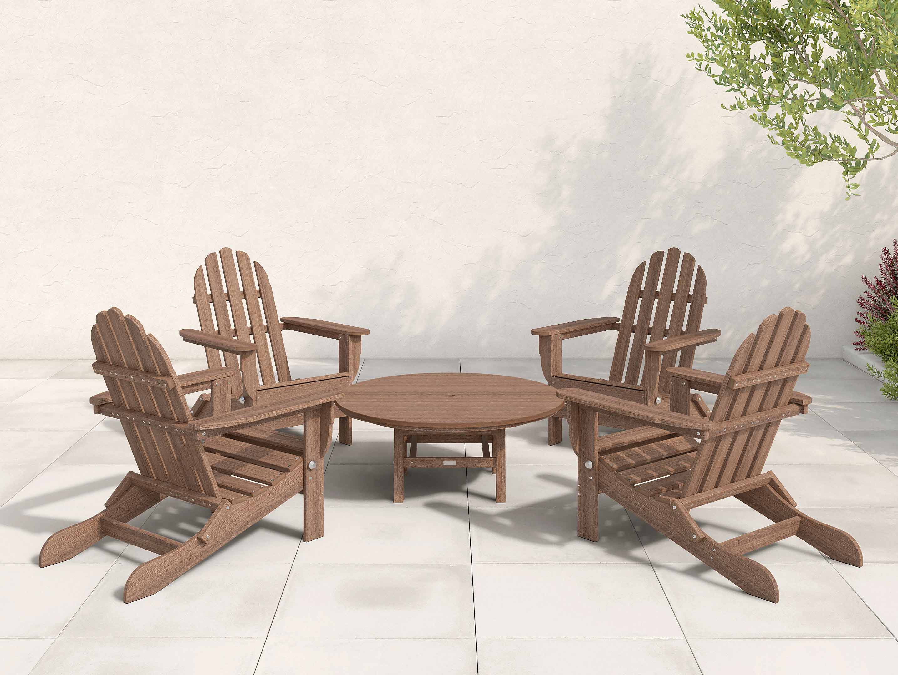 Four Antique Mahogany Folding Adirondack Chairs surrounding a Madison Conversation Table