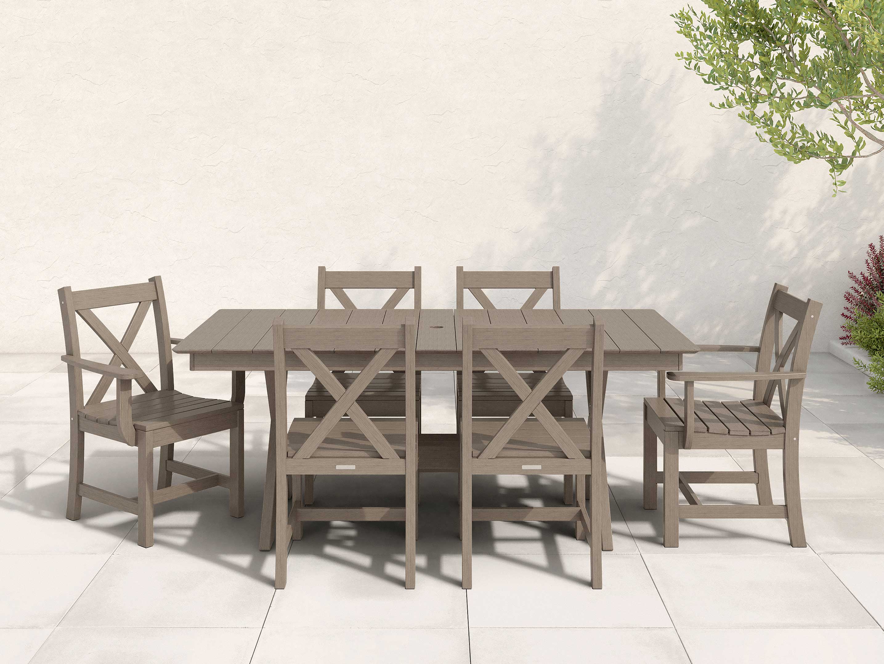 Coastal Gray Classic Dining Set with X back chairs on patio