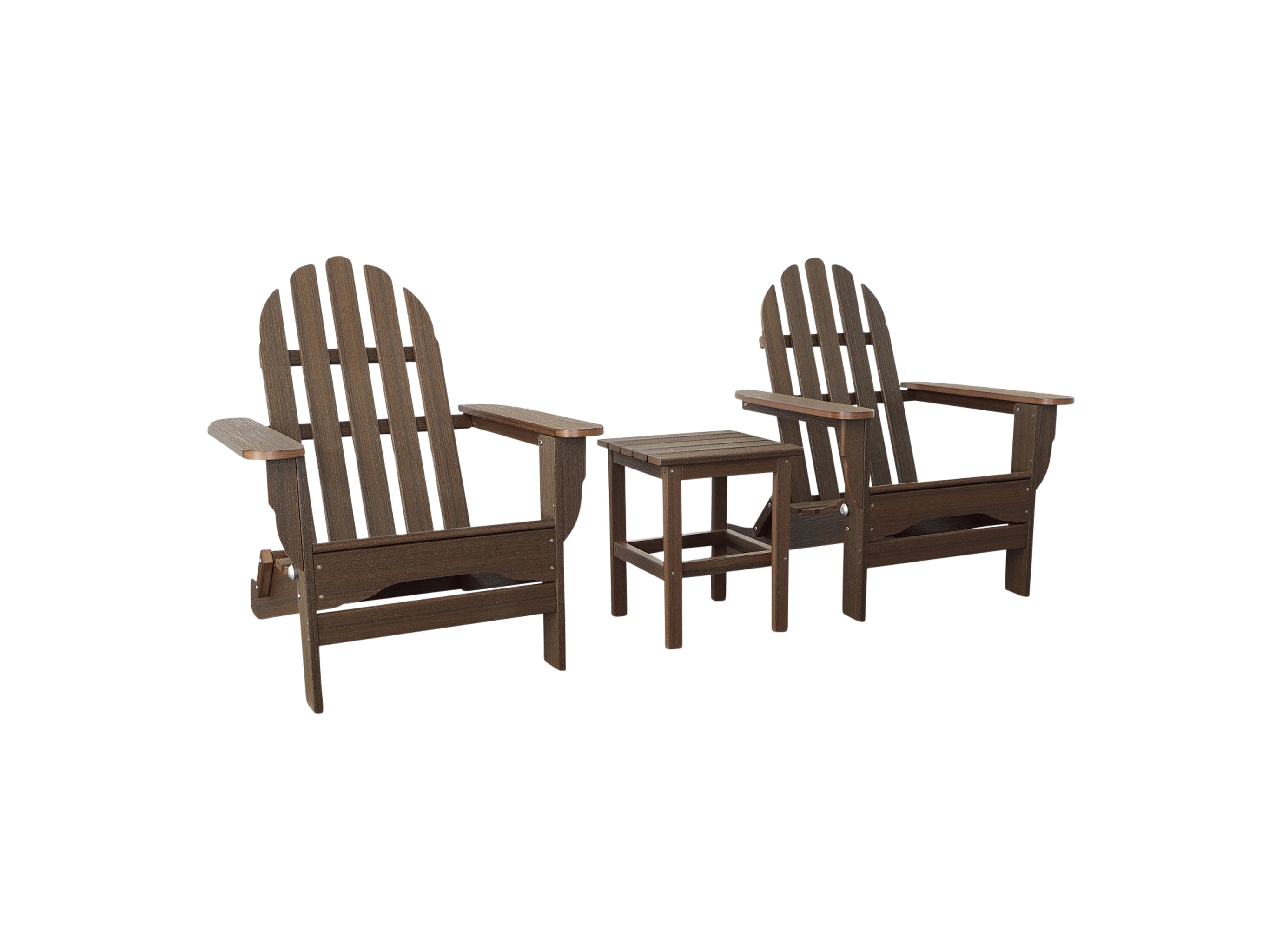 Brazilian Walnut Two Chairs and Side Table Folding Adirondack Chair Blank Background