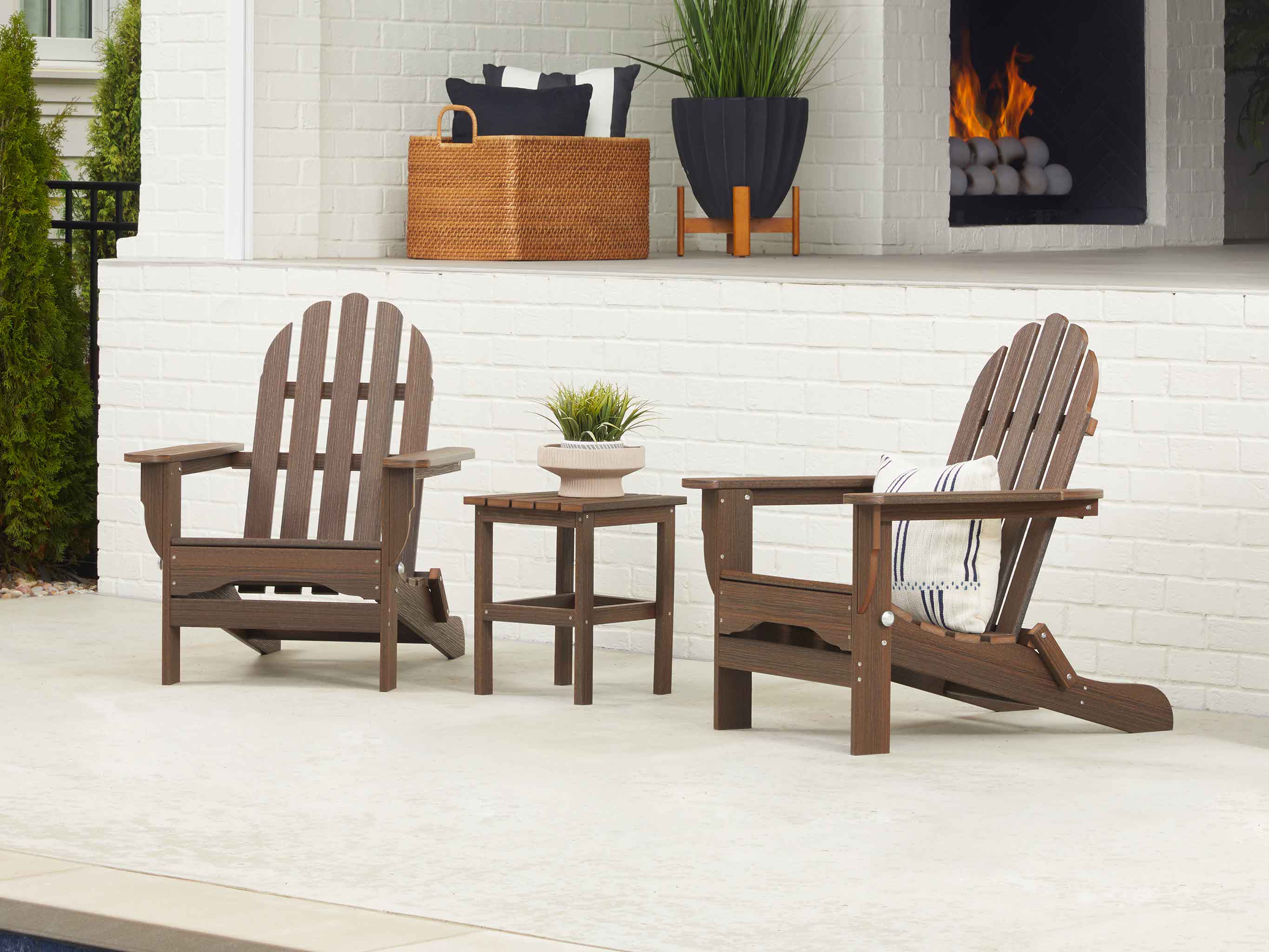 Johnson Bay Adirondack Set with Side Table and Fireplace in Background